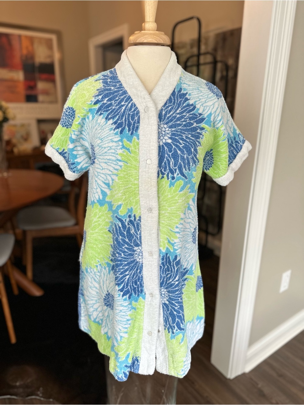 Floral Terry Button-Front Swim Coverup - Blue & Lime